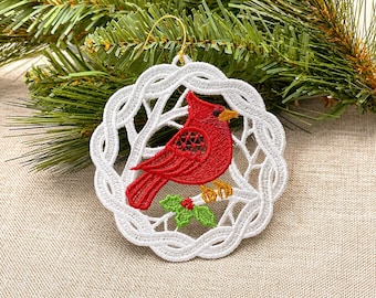 Cardinal Lace Christmas Ornament, Freestanding Lace Embroidered Ornament, Cardinal Holiday Decor, Handmade Christmas Tree Decoration