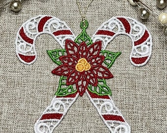 Candy Cane Lace Ornament, Freestanding Lace Christmas Ornament, Poinsettia Christmas Tree Decor, Heirloom Holiday Gift