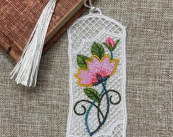 Floral Lace Bookmark, Freestanding Lace, Embroidered Flower, Handmade Gift
