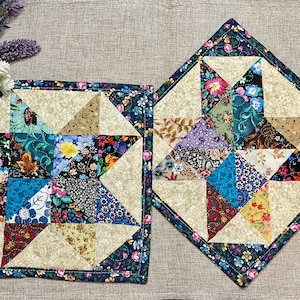 Scrap Quilt Potholder Set: Floral Fabric Hot Pads, Candle Mats, Star Quilted Pot Holders, set #1