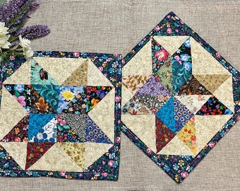 Scrap Quilt Potholder Set: Floral Fabric Hot Pads, Candle Mats, Star Quilted Pot Holders, set #1