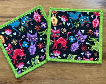 Cat Quilt Potholder Set, Handmade Cotton Hot Pads