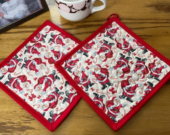 Handmade Christmas Quilted Potholder Set, Santa Fabric