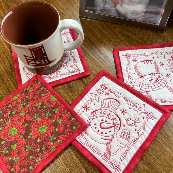 Quilted Fabric Coasters, Christmas coaster set to dress up your kitchen table, Snowman Fabric Coasters, Mug Rugs