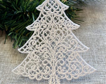 White Christmas Tree Ornament, Embroidered Decor