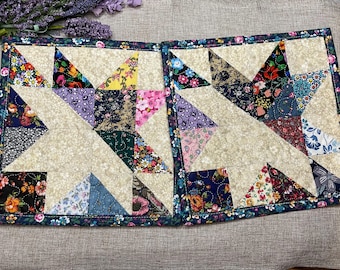Scrap Quilt Potholder Set: Floral Fabric Hot Pads, Candle Mats, Star Quilted Pot Holders,
