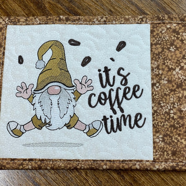 Gnome Quilted mug rug, Embroidered quilt snack mat, kitchen decor, embroidery mug rug