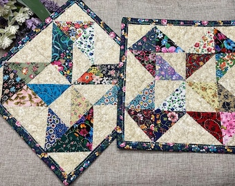Scrap Quilt Potholder Set: Floral Fabric Hot Pads, Candle Mats, Star Quilted Pot Holders,