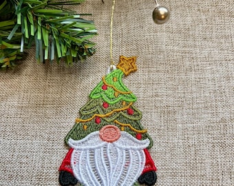 Christmas Gnome Lace Ornament, Freestanding Embroidery, Handmade Tree Decor