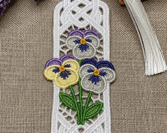 Handmade Embroidered Lace Bookmark, Pansy Flowers, Reader Gift