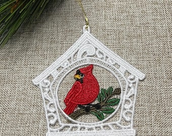 Cardinal Birdhouse Ornament, Freestanding Lace Christmas Ornament, Cardinal Christmas Tree Decoration, Bird Lover Gift, Heirloom Lace Decor