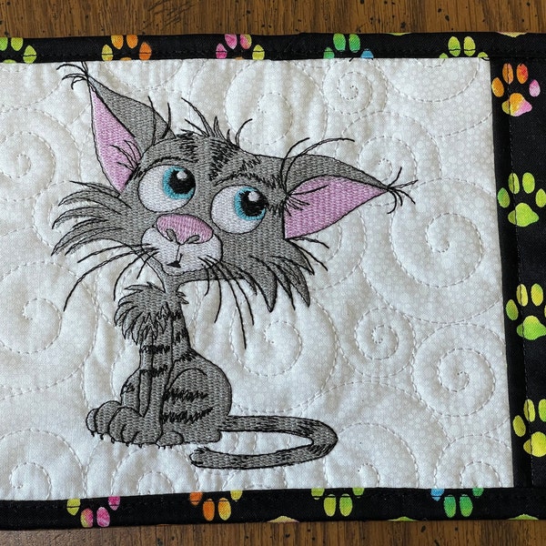 Large Quilted mug rug, Embroidered quilt snack mat, kitchen decor, Cat embroidery mug rug