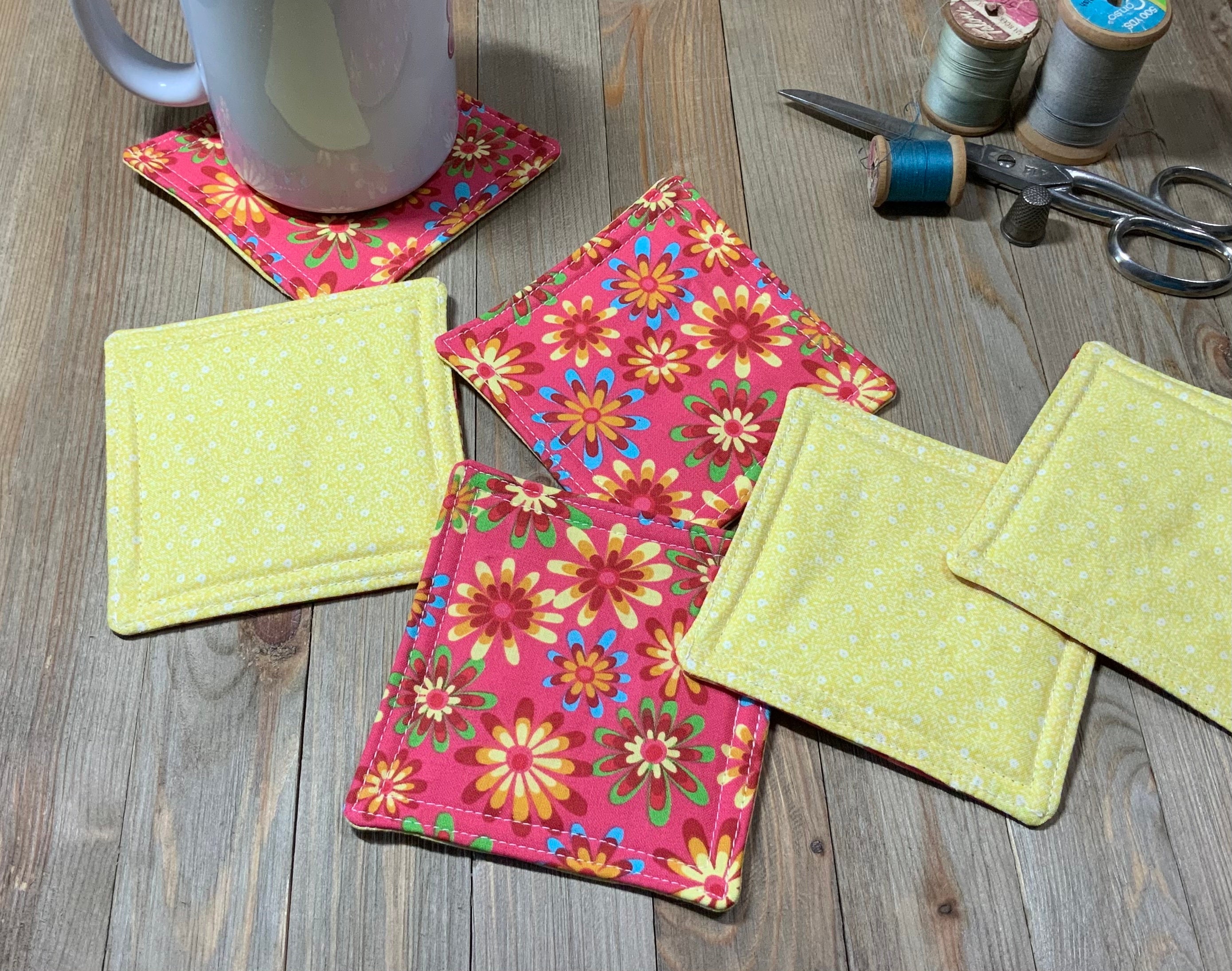 Quilted Fabric Coasters Bright Floral Coasters Handmade Etsy