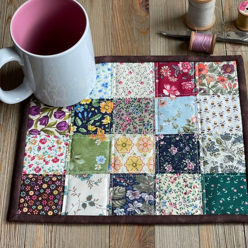 Large Quilted Mug Rug Scrap Quilt Snack Mat Kitchen Decor Etsy