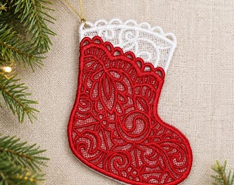 Red White Lace Christmas Stocking Gift Card Holder Ornament