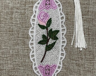 Handmade Embroidered Rose Bookmark, Lace Tassel, Floral Reader Gift