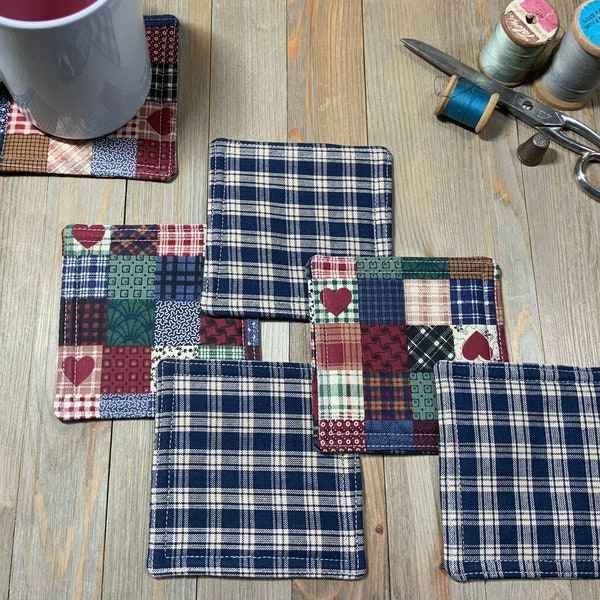 Quilted Fabric Coasters, Quilt squares Coasters, Handmade Quilted mug rugs, Reversible Fabric Coasters,