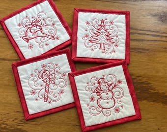 Quilted Fabric Coasters, Christmas coaster set to dress up your kitchen table, Holiday Fabric Coasters, Mug Rugs