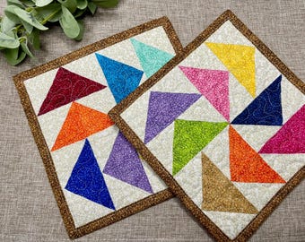 Quilted Pot Holder Set of 2, Handmade Patchwork Pot Holders, Cotton Kitchen Hot Pads, Colorful Pinwheel Potholders, Housewarming Gift