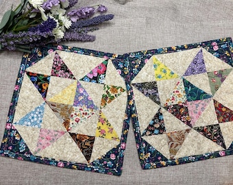 Scrap Quilt Potholder Set: Floral Fabric Hot Pads, Candle Mats, Star Quilted Pot Holders,
