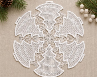 Freestanding Lace Christmas Tree Doily, White Embroidered Holiday Table Decor, Embroidered Christmas doily,