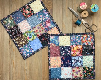 Quilt potholder to dress up you kitchen table, set of 2  Scrap fabric potholders, Scrap quilt hot pads, candle mats