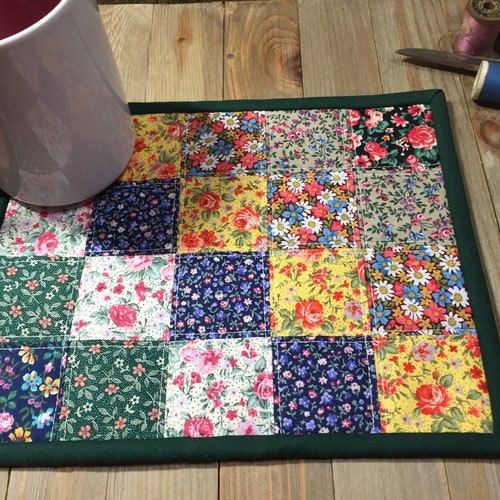 Large Quilted Mug Rug Scrap Quilt Snack Mat Kitchen Decor Etsy