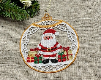 Santa Ornament, Freestanding Lace Christmas Ornament, Embroidered Holiday Decor, Handmade Tree Decoration