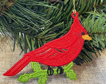 Red Cardinal Christmas Ornament, Freestanding Lace Bird, Embroidered Tree Decor