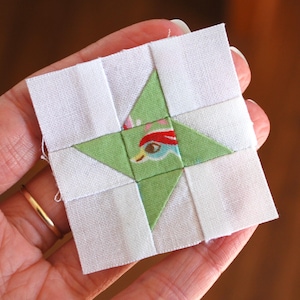 Könnte beinhalten: Ein kleiner, quadratischer Patchwork-Quiltblock. Er zeigt ein grünes Sterndesign mit einem Vogelmotiv in der Mitte, umgeben von weißen Stoffquadraten. Der Block wird in einer Hand gehalten, was die komplizierten Details des Patchworks hervorhebt.