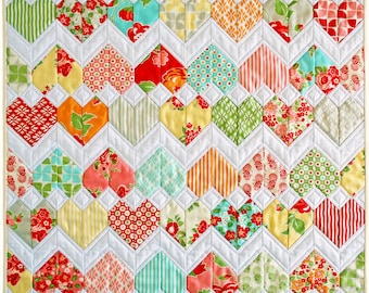 Zigzag Heart Diamond Quilt Pattern (PDF) - "ZigZag Love" - Beginner Friendly and Pre-Cut Friendly. Mini quilt, lap quilt & single bed size.