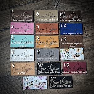 May include: A set of 17 leather patches with different colors and patterns. Each patch has the text "Briar & Sphinx" and a description of the color and engraving style. The patches are numbered 1 through 17.