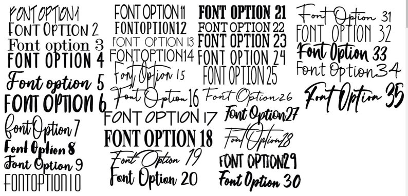 May include: A graphic showing 35 different font options. The fonts are displayed in a column format, with each font option labeled with a number.