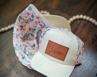 Cream floral mesh name hat