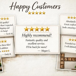 May include: A collage of five-star customer reviews featuring text testimonials and two photographs of wooden letter tiles arranged in a crossword style on a wall. The reviews include phrases like Happy Customers, Highly recommend, and customer names.