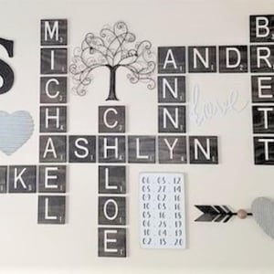 CARVED Scrabble Wall Tiles, 5.5&quot; and 4.5&quot; Scrabble wall letters, Scrabble, Family Scrabble names, Scrabble tiles, Crossword, Signs of Zest