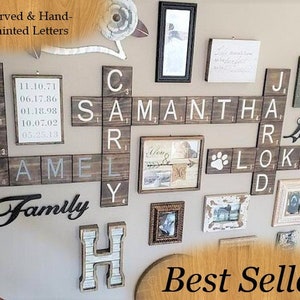 CARVED Scrabble Wall Tiles, 4.5" and  5.5" Scrabble wall letters, Scrabble, Family Scrabble names, Scrabble tiles, Crossword, Signs of Zest