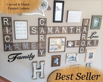 CARVED Scrabble Wall Tiles, 5.5" Scrabble wall letters, Scrabble, Family Scrabble names, Scrabble tiles, Crossword, Signs of Zest