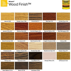 May include: A Minwax Wood Finish color chart displaying 30 distinct wood stain samples in a grid. Each rectangular swatch shows a unique wood grain texture and color, labeled with its specific name and number, ranging from Natural to Ebony.