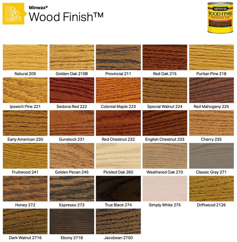 May include: A Minwax Wood Finish color chart displaying 30 distinct wood stain samples in a grid. Each rectangular swatch shows a unique wood grain texture and color, labeled with its specific name and number, ranging from Natural to Ebony.