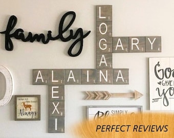 Carved Scrabble Tile Family Name Wall Art, Hand Painted Decor, Crossword