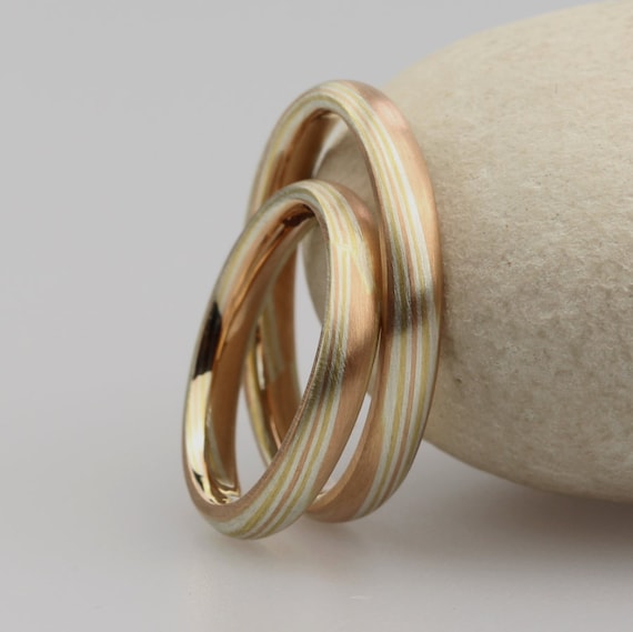 Mixed Metal Rings, 3mm Rose Gold Wedding Bands, Mokume Gane