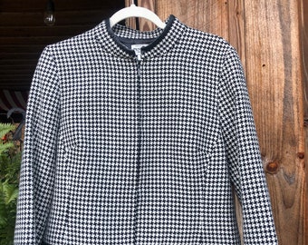 Vintage Pendleton Womens Coat Black and White Houndstooth Wool Jacket with Black Leather Trim Cropped
