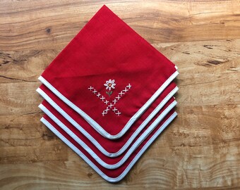 Vintage Floral Embroidery Napkins Red and White Square Napkin Set of 4
