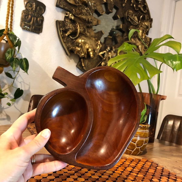 Vintage Divided Leaf Bowl Wood Mahogany Coffee Table Tray Platter Candy Dish