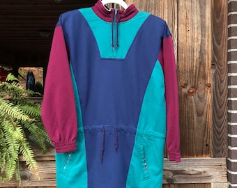 Vintage 80s 90s Colorblock Sweatshirt Cinch Waist Long Sweatshirt Size Medium