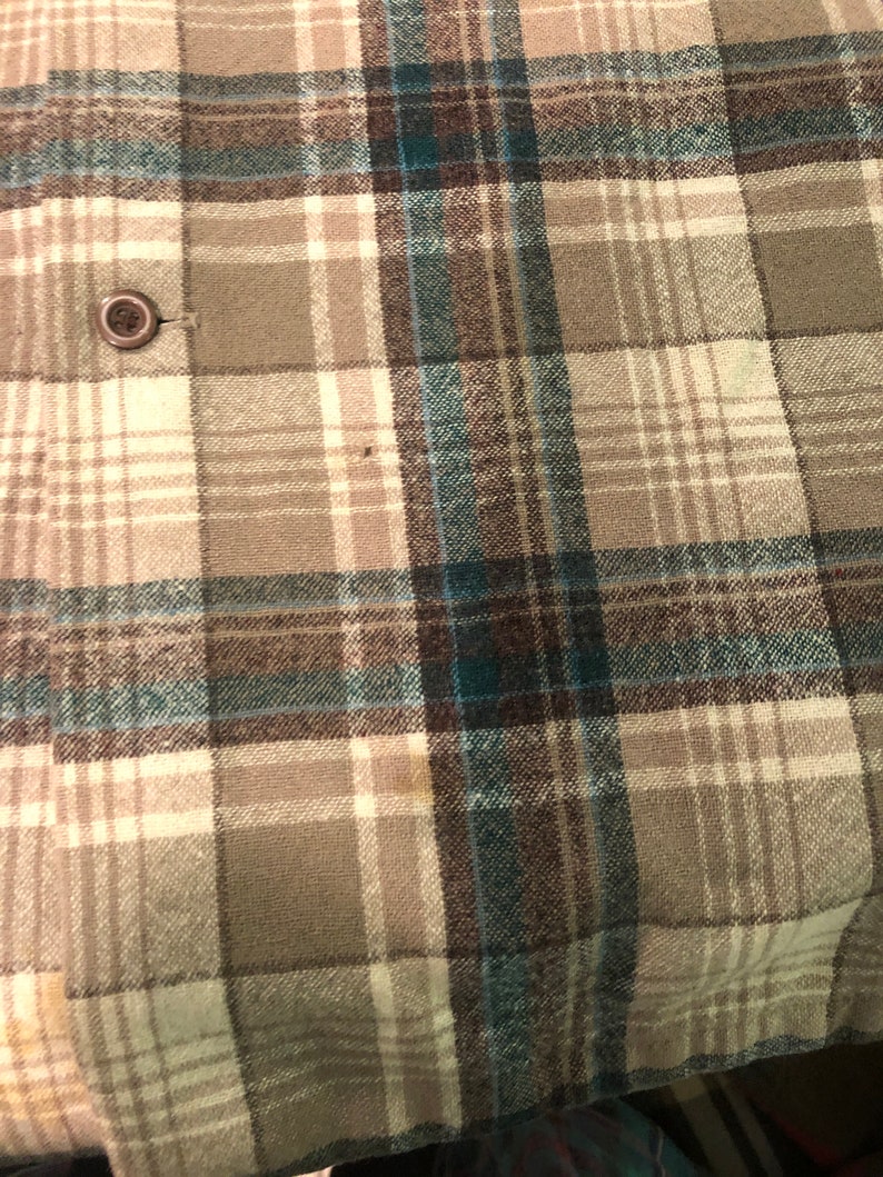 May include: Close-up of a plaid fabric in shades of beige, gray, teal, and brown. The pattern is a classic grid design with varying widths of lines. A single, round, brown button is visible on the fabric.