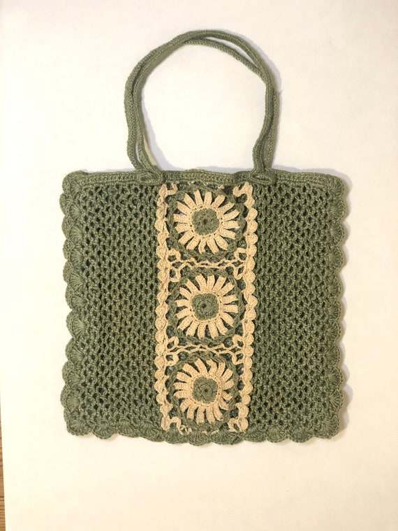 Vintage Macrame Woven Floral Tote Bag - image 2