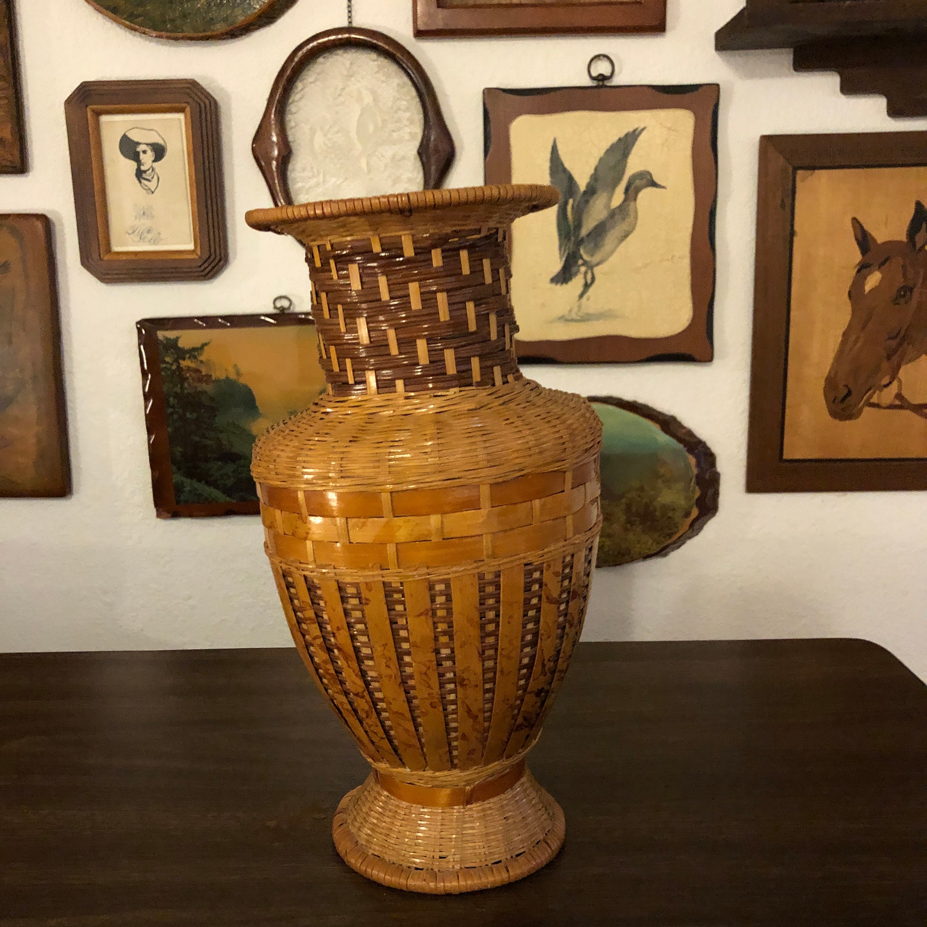 Vintage Wicker Basket Vase Unique Boho Large Rattan Vase Etsy