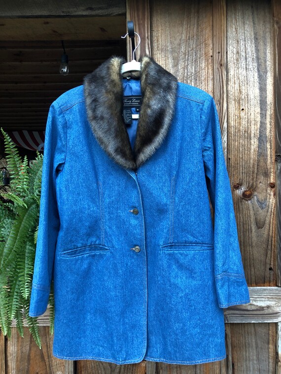 Vintage Denim Faux Fur Collar Coat - image 1